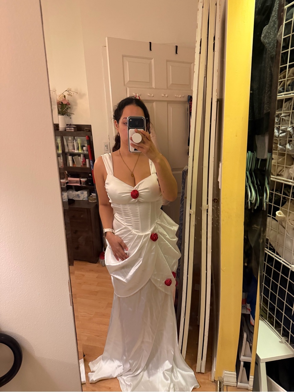 White Satin Corset Detail Evening Dress with Red Rosette Accents